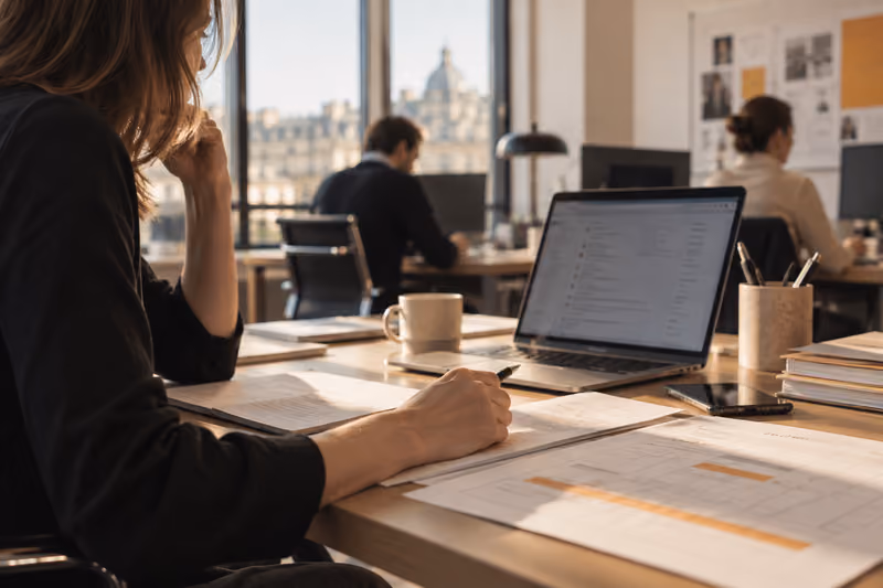 photographie-open-space-baigne-de-lumiere-femme-a-son-bureau-devant-ordinateur-lisant-document-sur-le-report-de-la-reforme-de-la-facturation-electronique