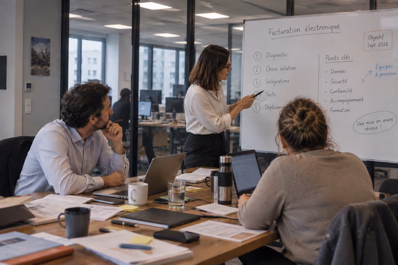 un-homme-et-deux-femmes-sont-en-train-de-reflechir-en-salle-de-reunion-devant-un-tableau-blanc-sur-les-etapes-de-mise-en-place-de-la-facturation-electronique-en-entreprise