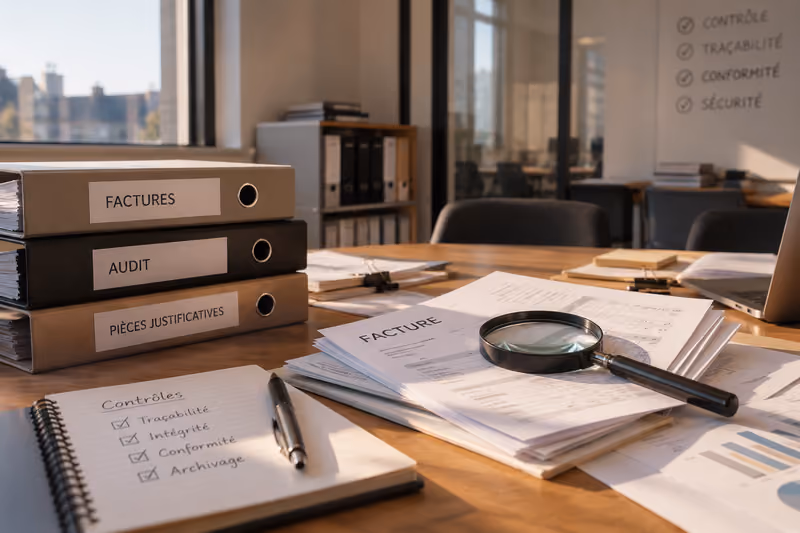 bureau-avec-trois-classeurs-et-des-carnets-de-notes-et-autres-document-avec-loupe-pour-illustrer-la-piste-d-audit-fiable-pour-la-facturation-electronique