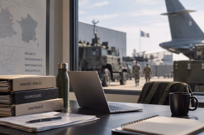 bureau-avec-ordinateur-devant-fenetre-sur-avion-militaire-pour-illustrer-la-facturation-electronique-dans-le-secteur-de-la-defense