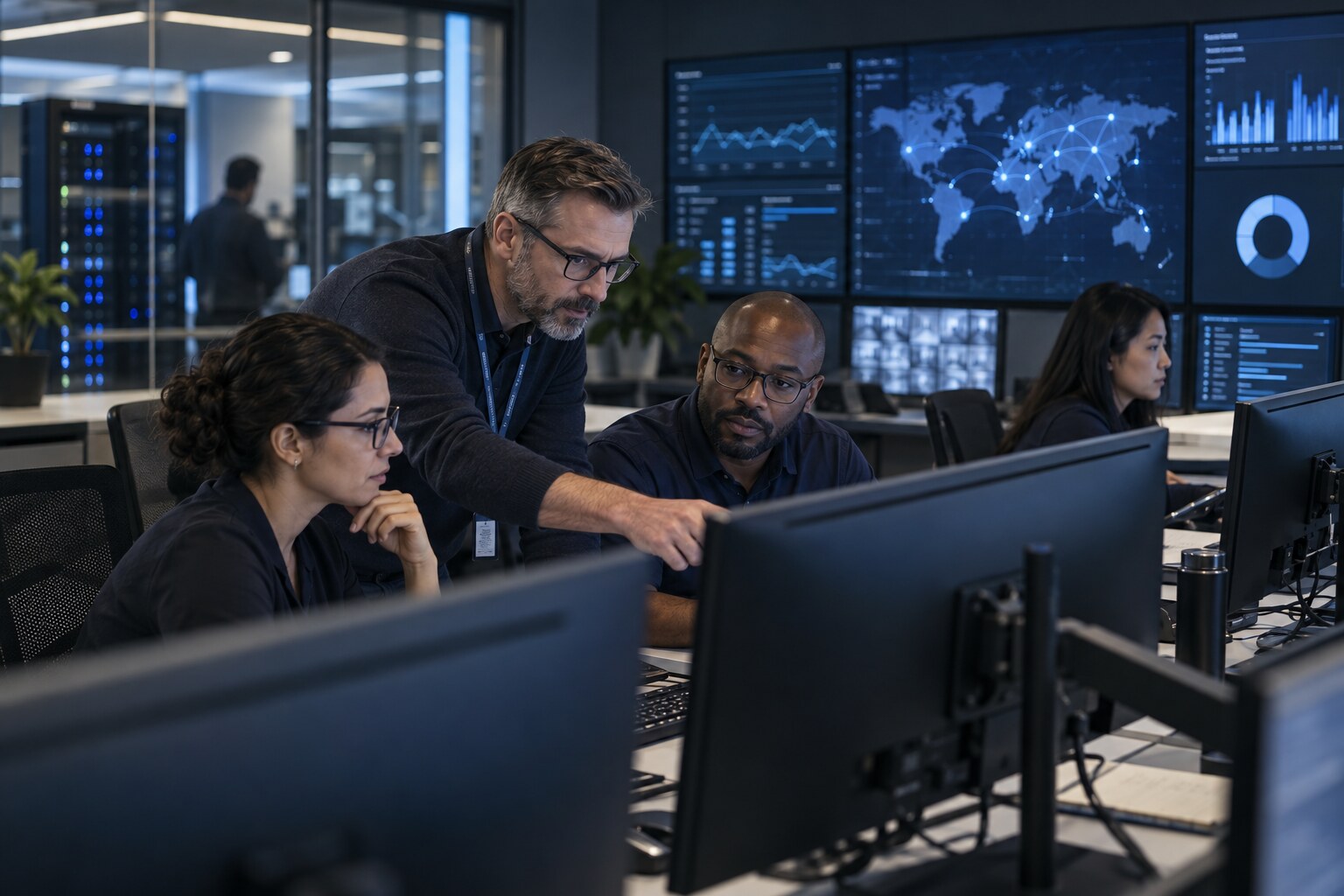 Technology operations team monitoring a connected environment