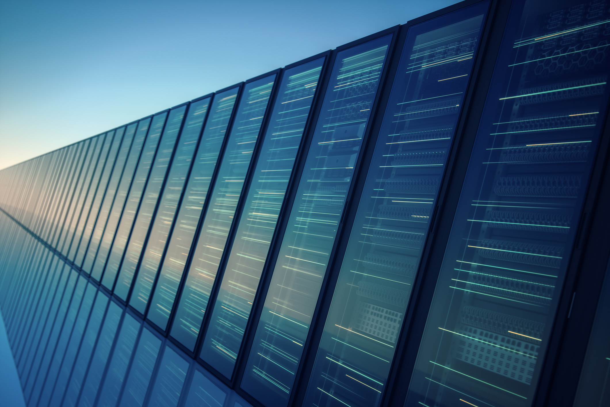 Rows of server racks in a modern data center