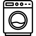 Ein stilisiertes Symbol einer Waschmaschine in Schwarz auf weißem Hintergrund.
