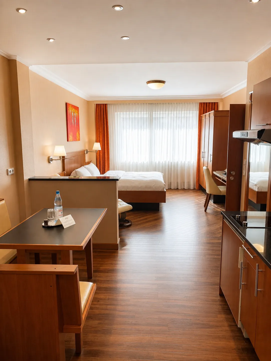 Helles Studio-Apartment mit Holzboden, Doppelbett, Essecke, Küchenzeile, Schreibtisch und großen Fenstern mit weißen Vorhängen und orangen Gardinen.