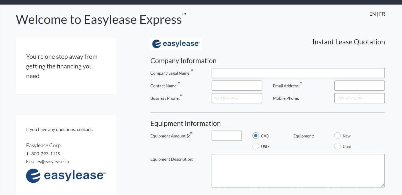 Easylease Express Form Screenshot