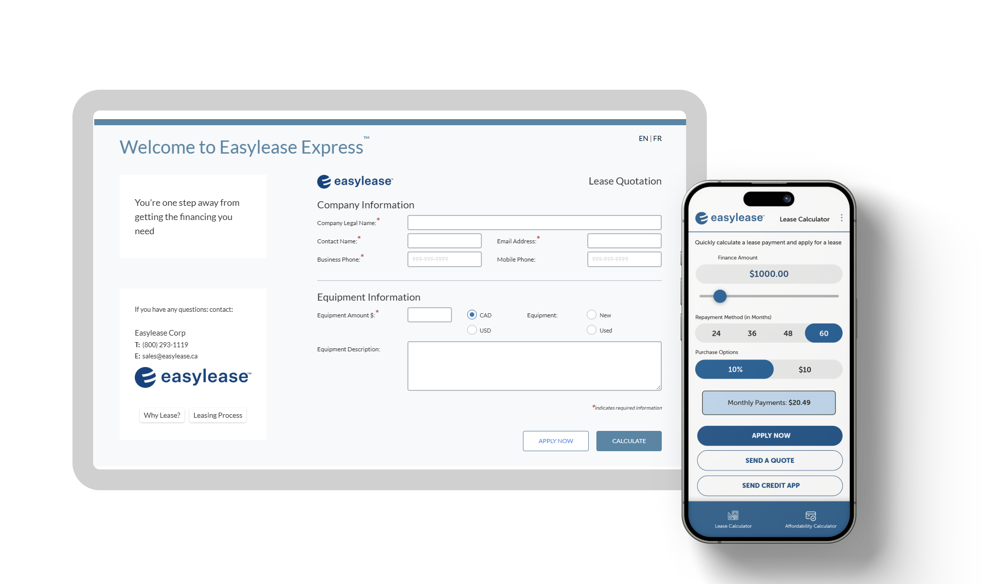 Easylease Express leasing application form displayed on a tablet next to the Easylease Lease Calculator app open on a smartphone.