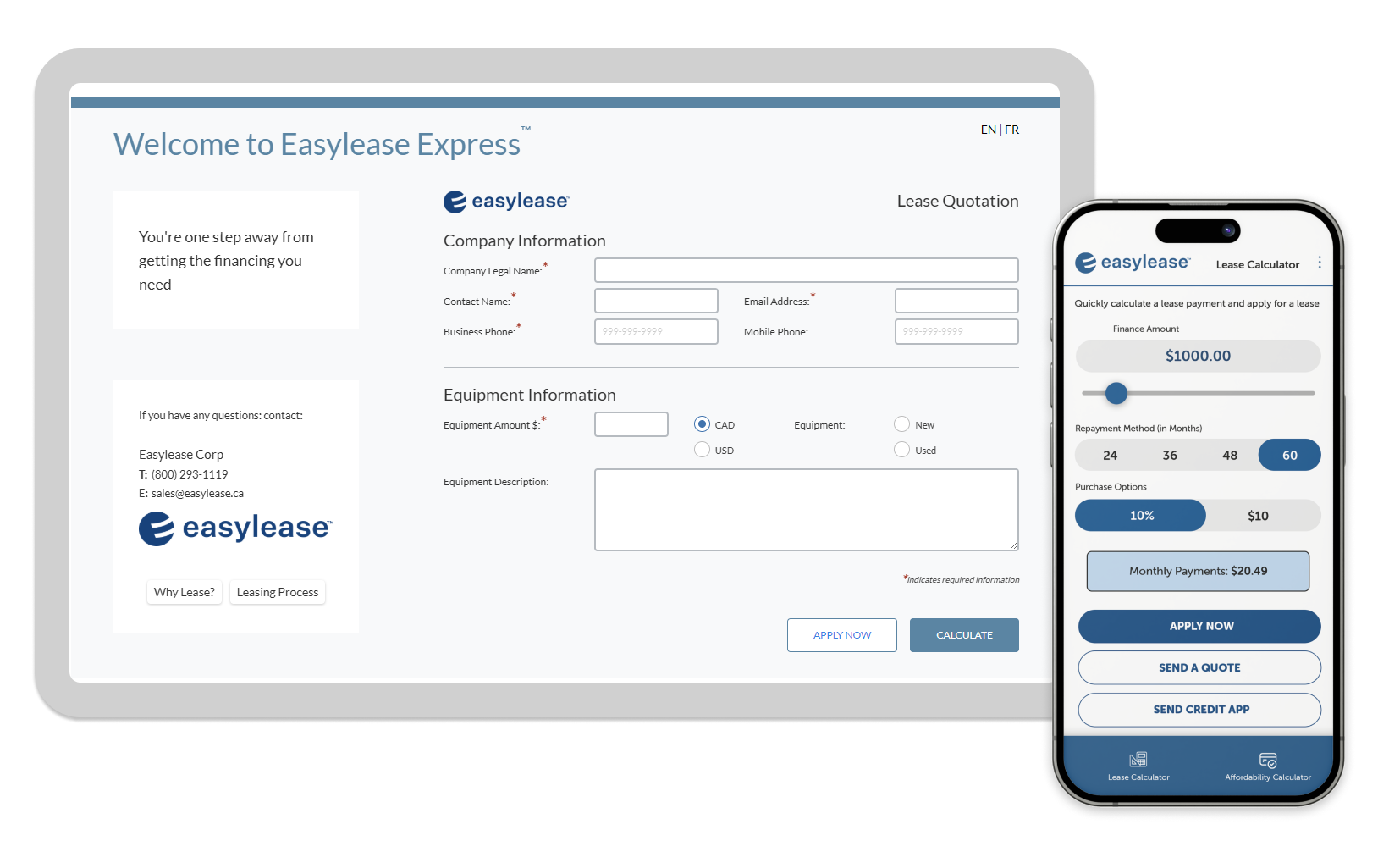 Easylease Express lease quotation form on tablet and lease calculator app on smartphone showing finance amount, repayment options, and monthly payment.