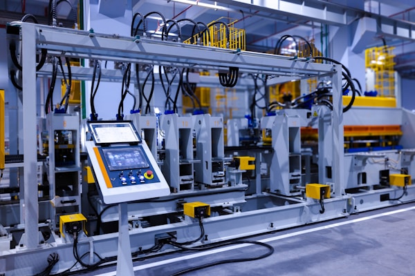 A view of the refrigerator manufacturing plant's fully automated side panel forming line.Translation: "Warning:Danger Prohibit reach into;elecric shock;must connect an earth terminal to the ground"
