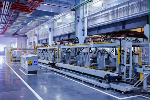 A view of the refrigerator manufacturing plant's fully automated side panel forming line.Translation: "Warning:Danger Prohibit reach into;elecric shock;must connect an earth terminal to the ground"