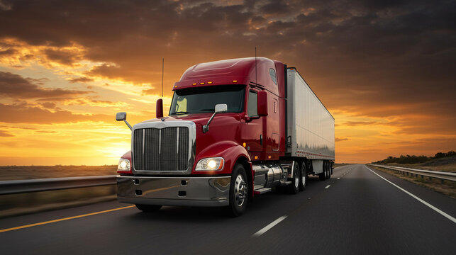 Red semi-truck driving on highway during sunset with dramatic cloudy sky.