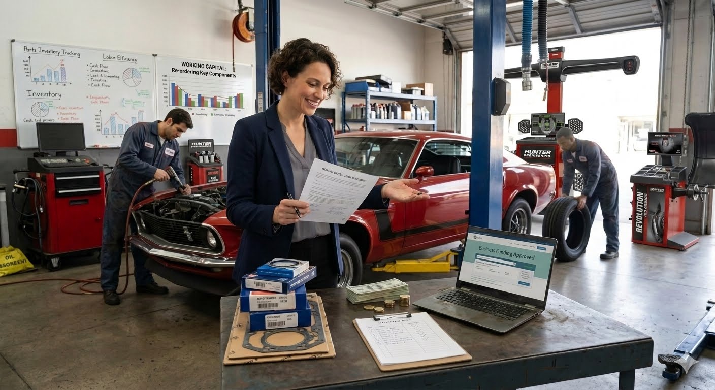 Woman in mechanic shop reviewing loan papers by table with car parts and laptop showing business funding approval.