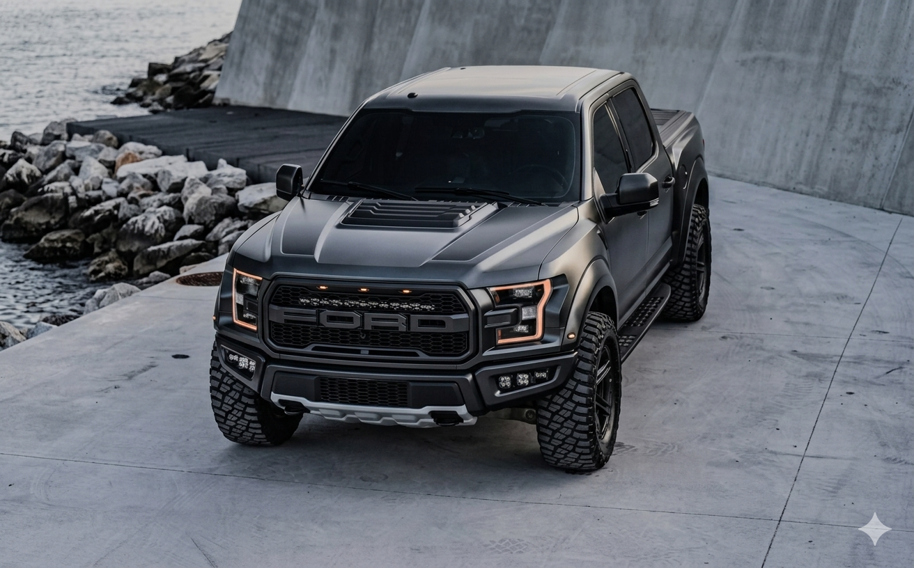 Matte gray Ford Raptor pickup truck parked near a waterfront with rocks and concrete walls.