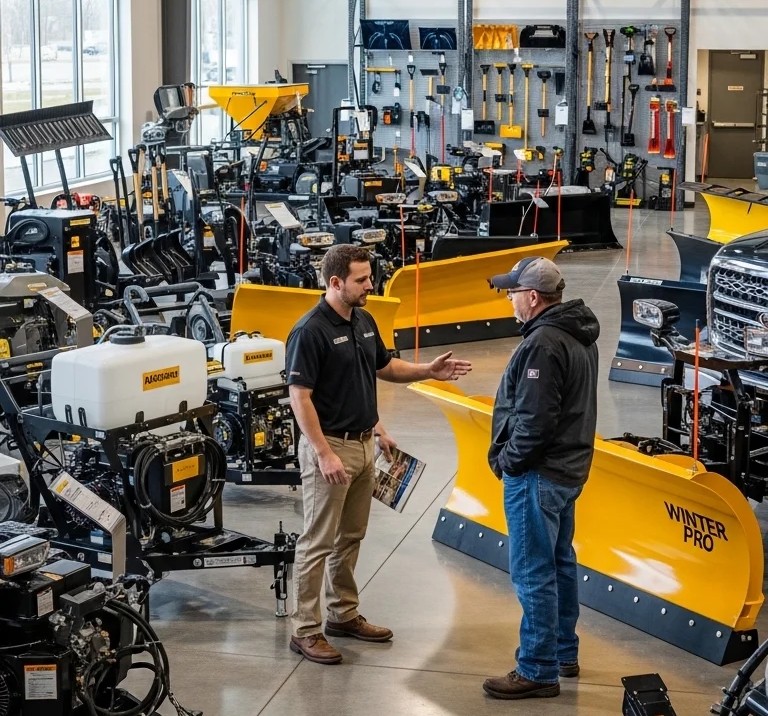 Two men discussing equipment inside a store filled with snow plows and outdoor power tools.
