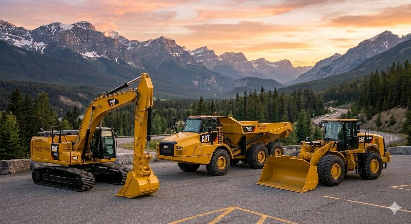 Three yellow CAT construction vehicles parked on road with pine forest and mountains at sunset.