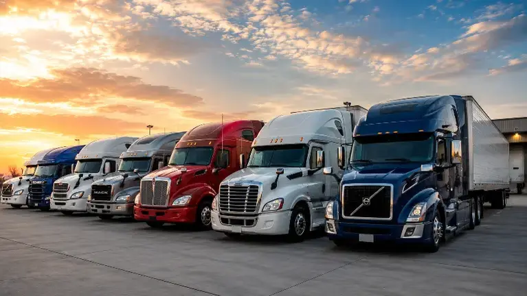Row of seven large semi-trailer trucks parked side by side at sunset under partly cloudy sky.