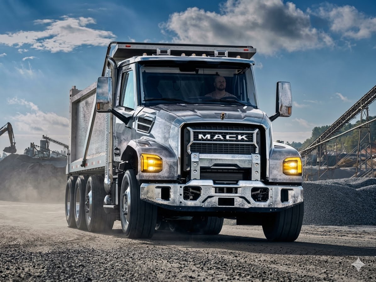 Silver Mack dump truck with headlights on and driver inside operating on a gravel site under blue sky.
