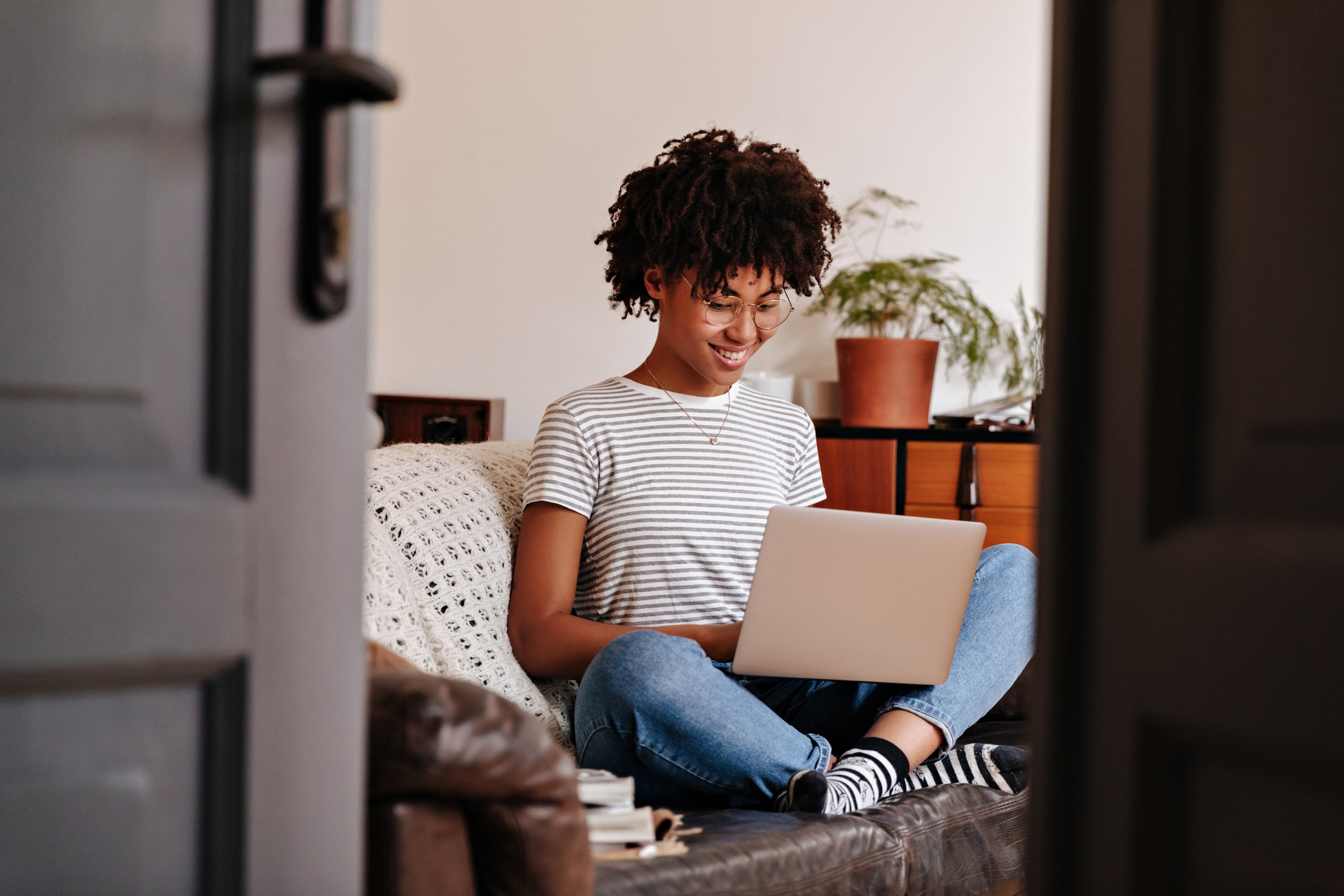 Girl using laptop stock photo
