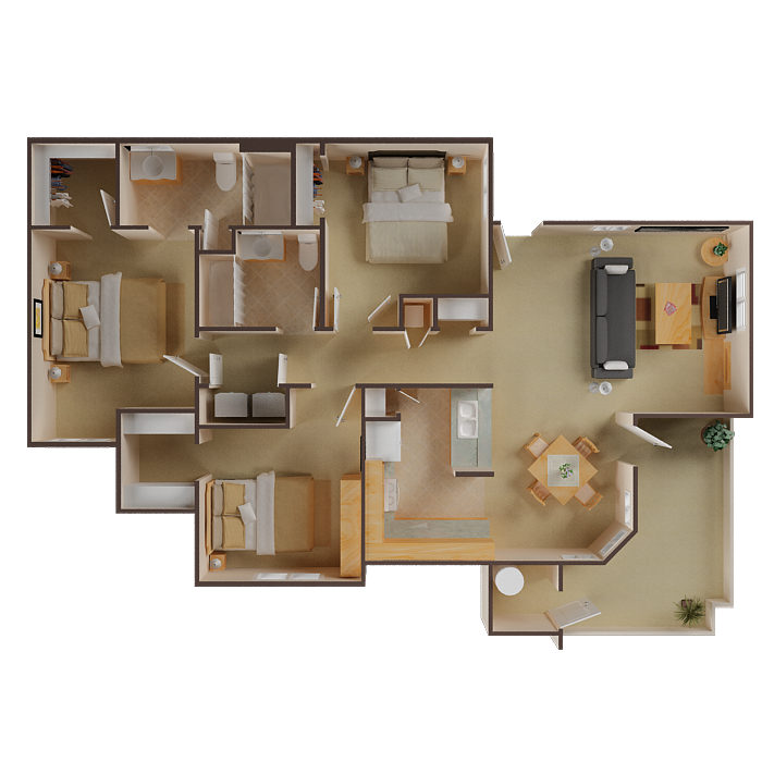 3 bedroom 2 bathroom floor 3D floor plan schematic