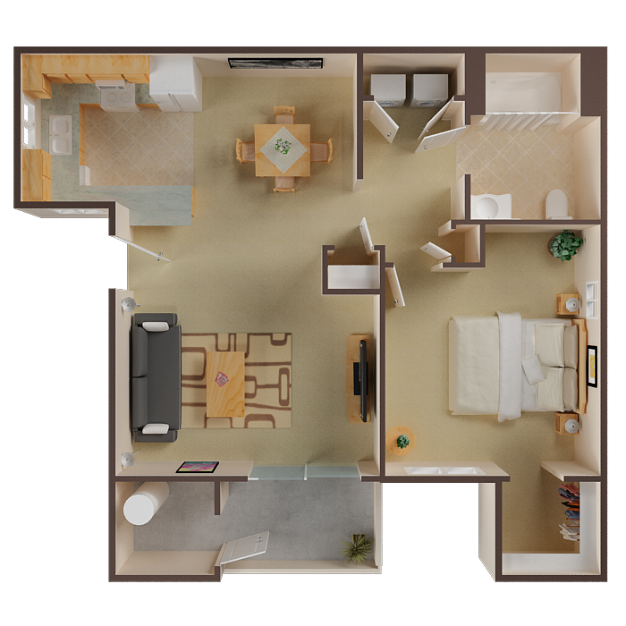 1 bedroom 1 bathroom 3D floor plan schematic