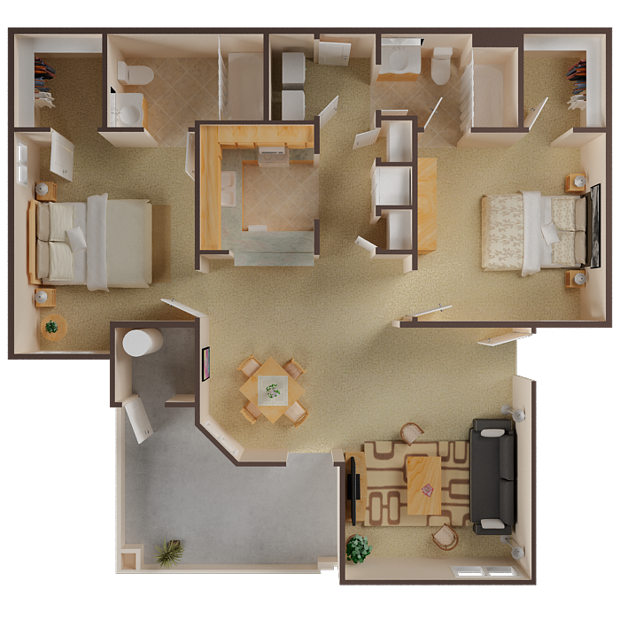 2 bedroom 2 bathroom floor 3D floor plan schematic
