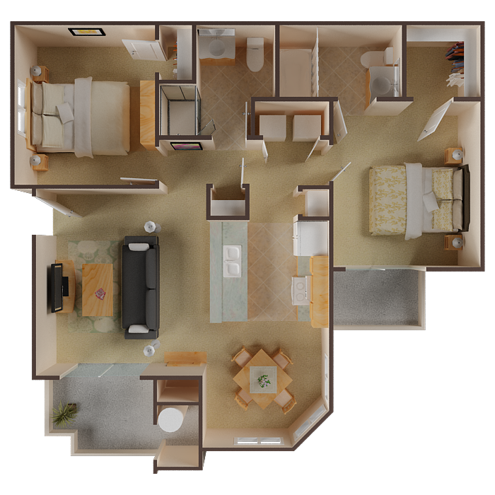 2 bedroom 2 bathroom floor 3D floor plan schematic