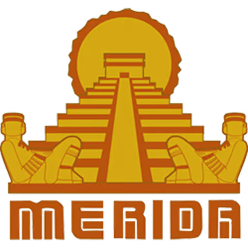 Logo features a stepped pyramid with two seated figures and the text MERIDA below.