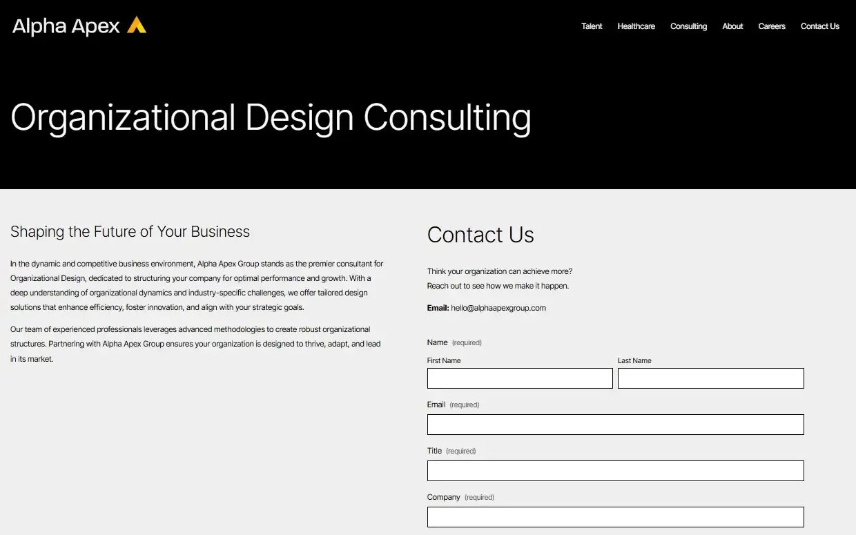 Alpha Apex Group organizational design consulting page