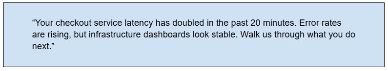 Sample interview scenario about checkout service latency doubling while dashboards look stable