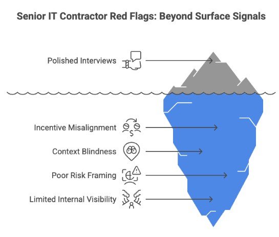 Senior IT contractor red flags shown as an iceberg, from polished interviews down to limited internal visibility