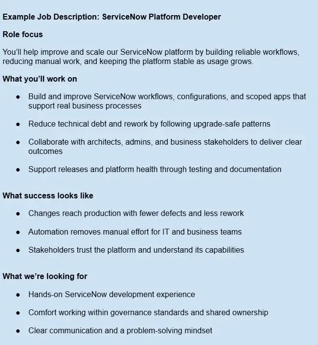 Example ServiceNow platform engineer job description