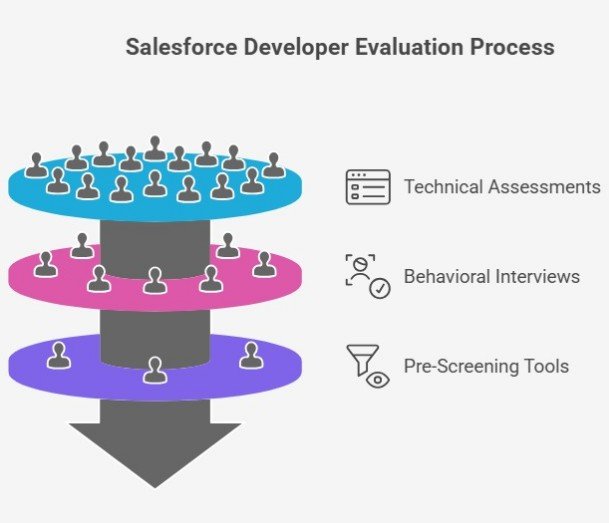 Salesforce developer evaluation process: pre-screening tools, behavioral interviews, technical assessments
