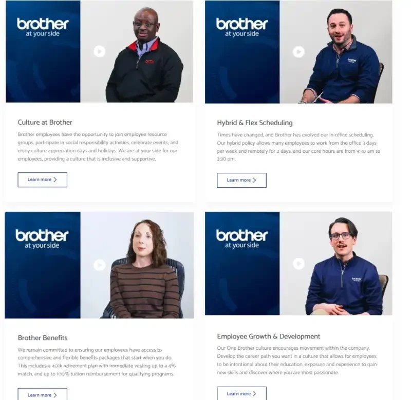 Brother employee experience cards covering culture and benefits