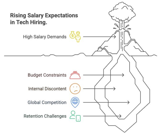 Rising salary expectations in tech hiring: high salary demands, budget constraints, global competition, retention challenges