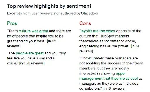 Employer review highlights by sentiment