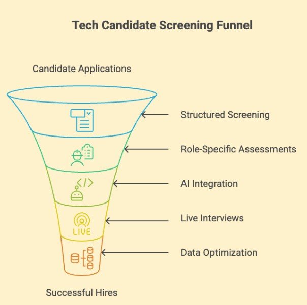Tech candidate screening funnel from candidate applications through to successful hires