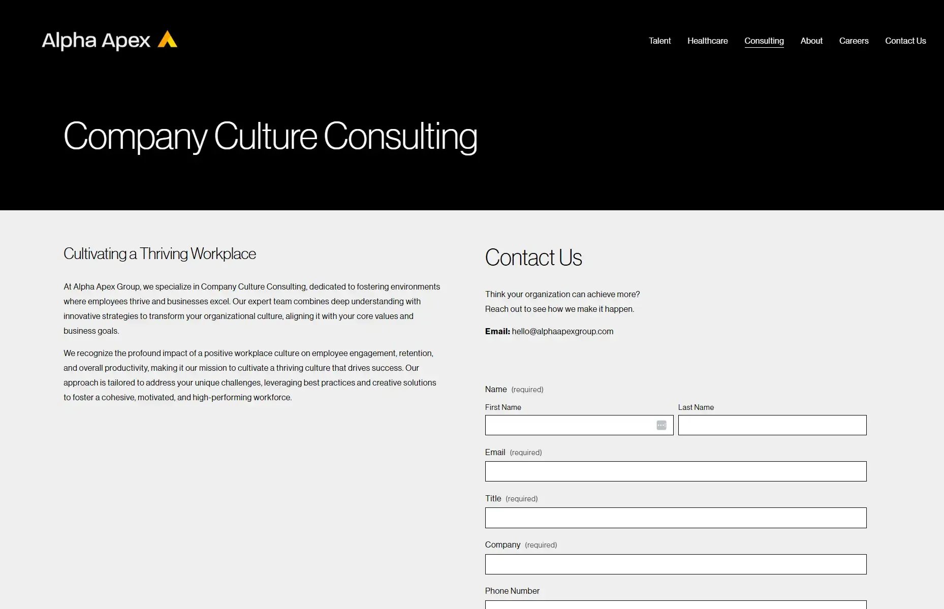 Alpha Apex Group company culture consulting page