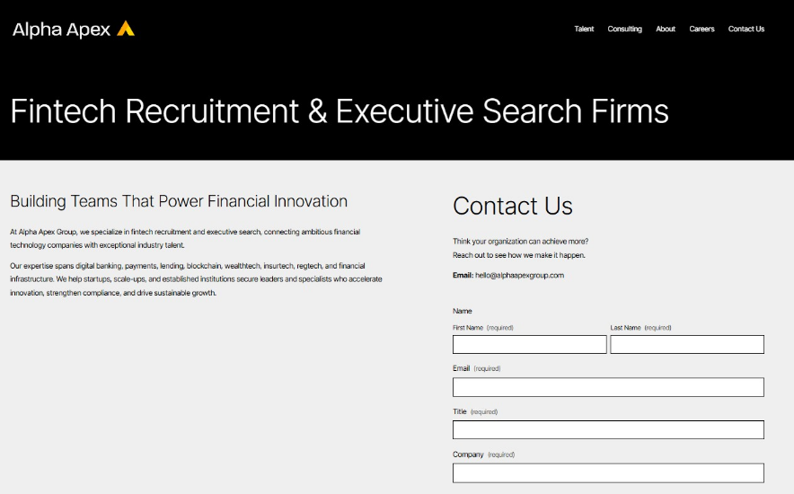Alpha Apex Group fintech recruitment and executive search page