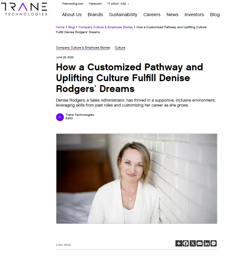 Trane article on how a customized pathway and uplifting culture fulfilled an employee's career goals