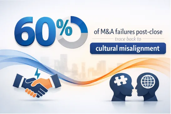 Statistic that 60% of post-close M&A failures trace back to cultural misalignment