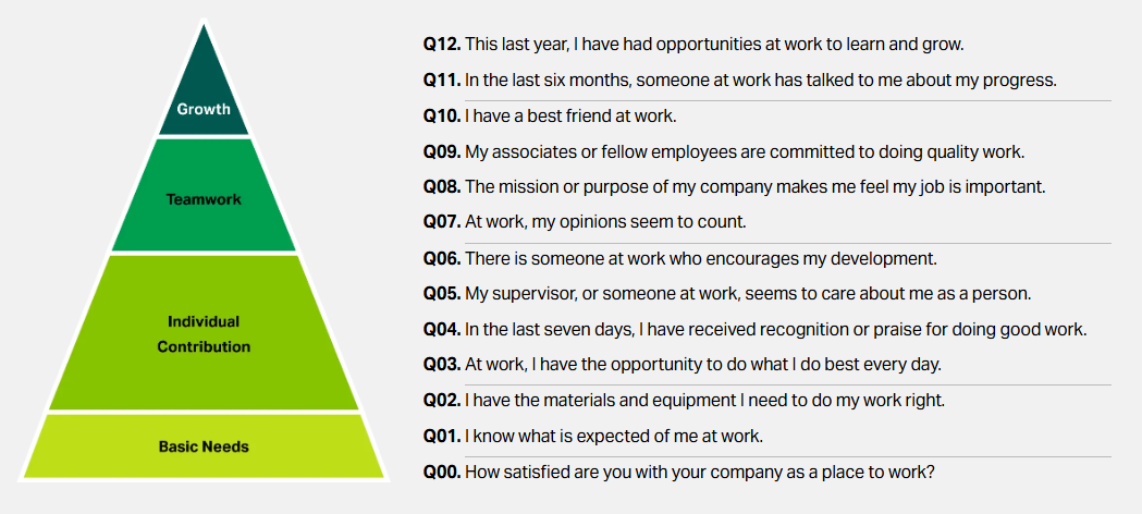 Pyramid infographic showing Gallup Q12 employee engagement needs from basic needs to growth.