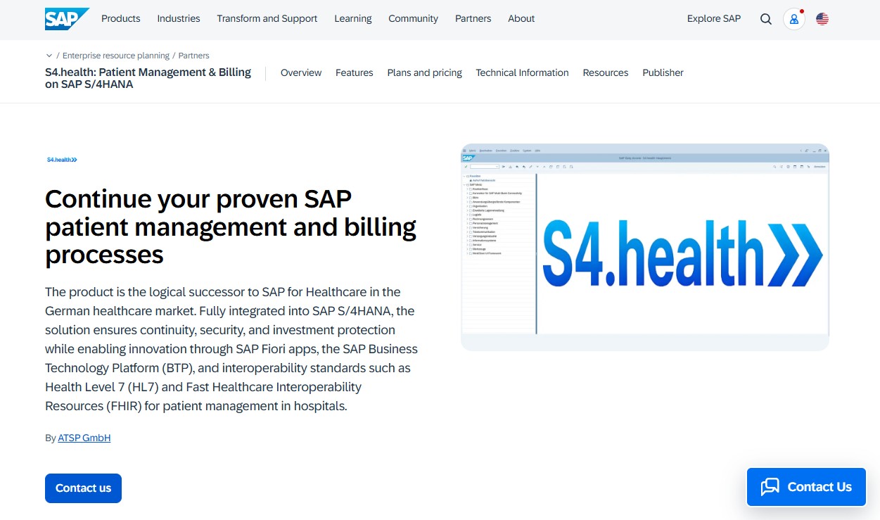 SAP S/4HANA for Healthcare (ATSP S4Health) website