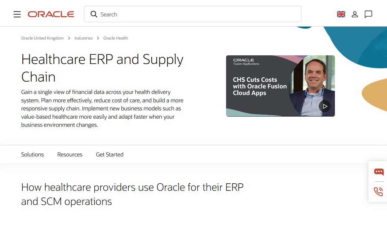 Oracle Fusion Cloud ERP for Healthcare website