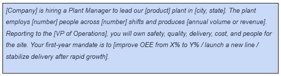 Plant manager job summary template outlining plant details, reporting structure, operational responsibilities, and first-year goals.