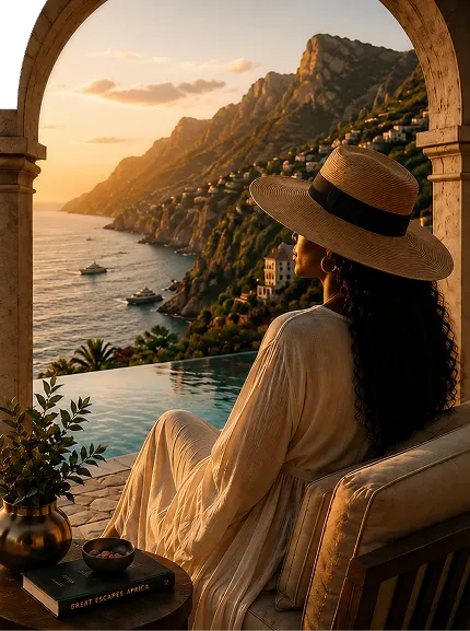Woman in wide-brimmed hat sitting by infinity pool overlooking sea and cliffs at sunset.