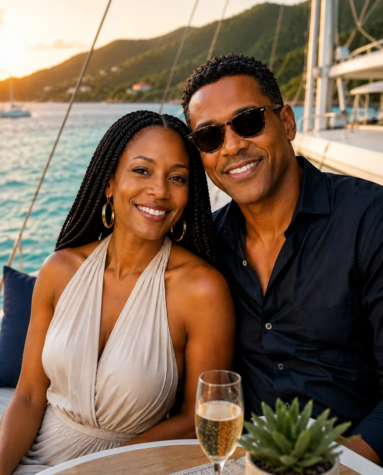 Smiling couple seated on a sailboat at sunset with champagne and ocean in the background.