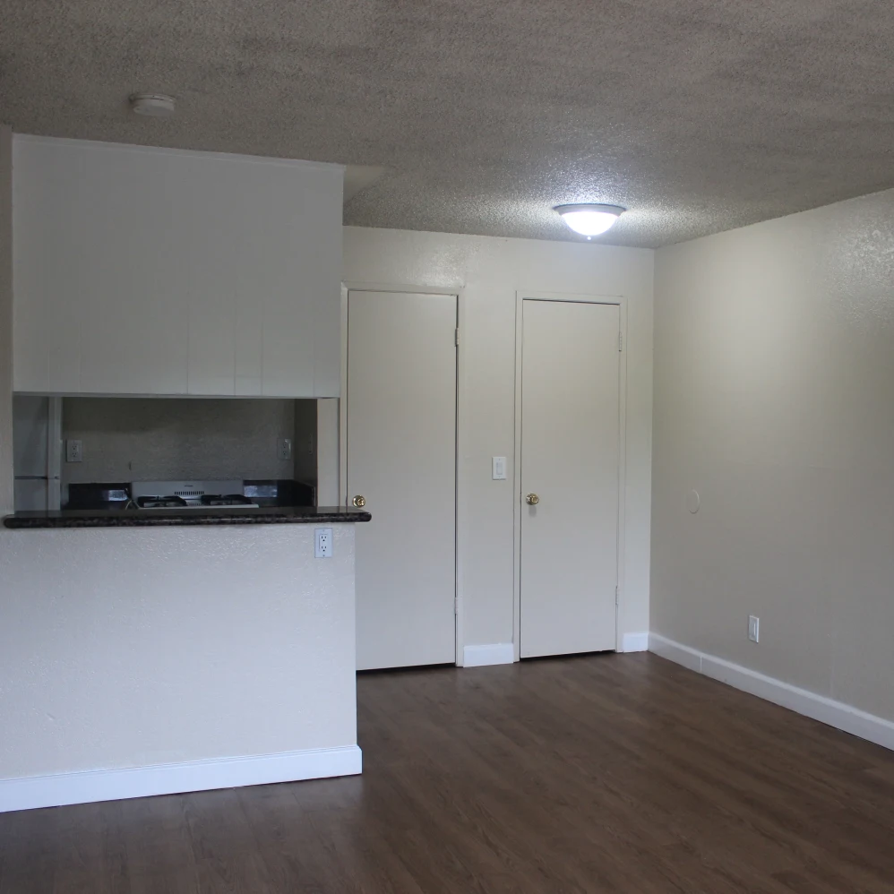 Empty dining room and kitchen