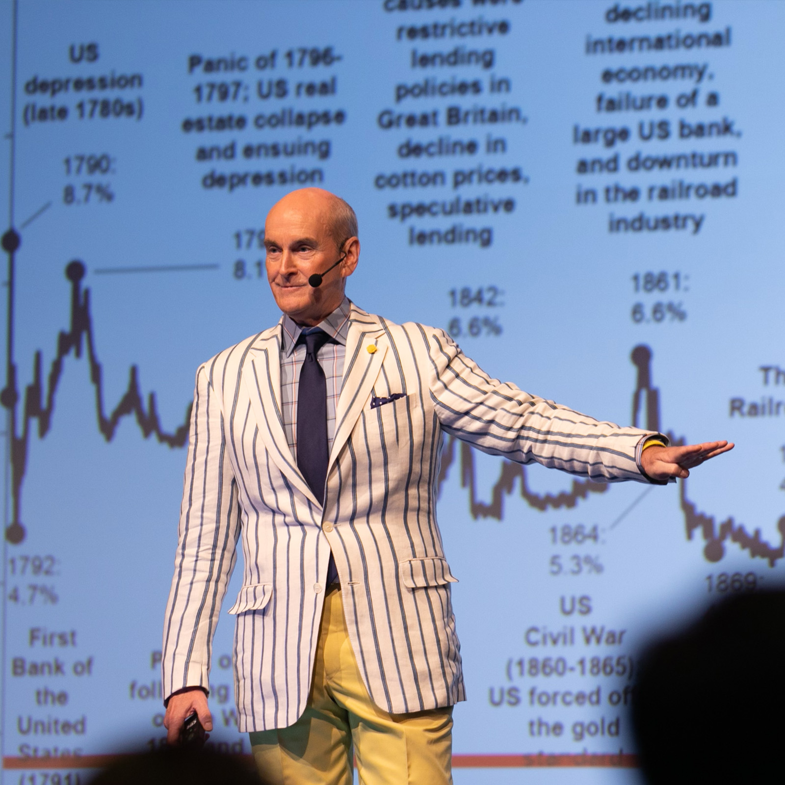 Man in striped blazer giving presentation with historical economic data projected behind him.