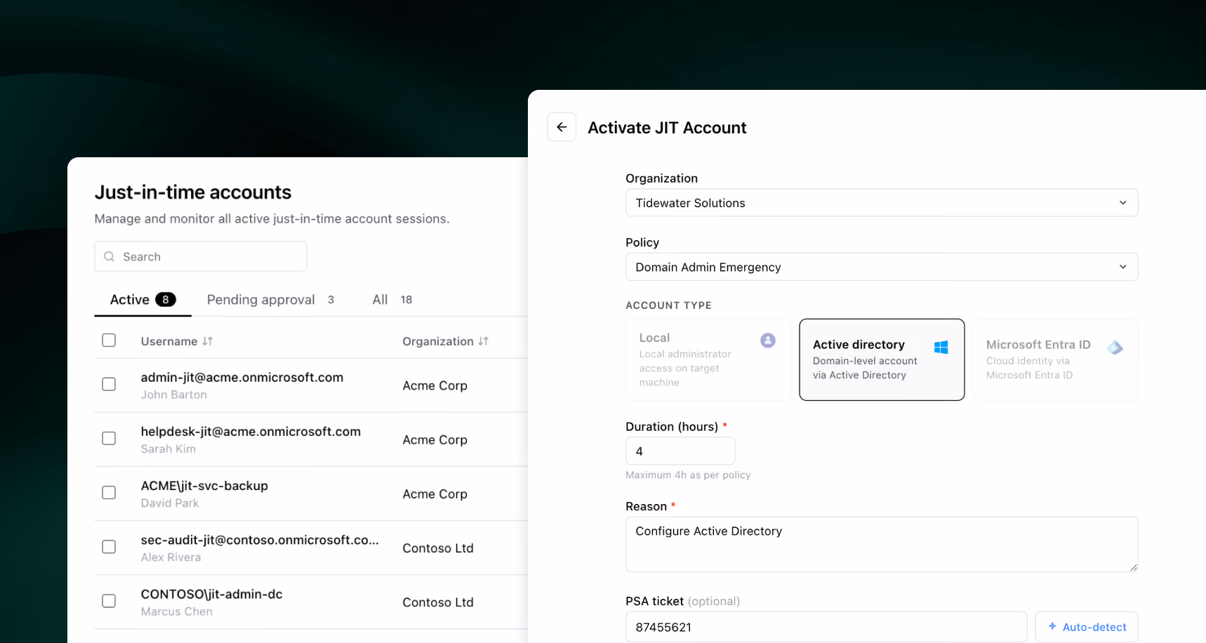 Just-in-Time Access & Zero Standing Privilege Dashboard CyberQP.ai Software Screenshot