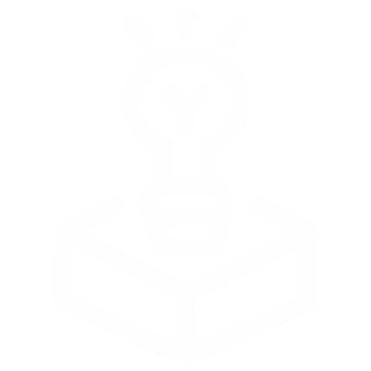 White line icon of a light bulb glowing inside an open box on a black background.