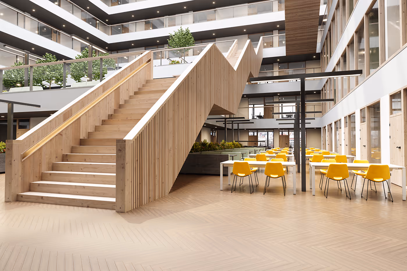 Modern office lobby with wooden staircase, yellow chairs at white tables, and indoor plants.